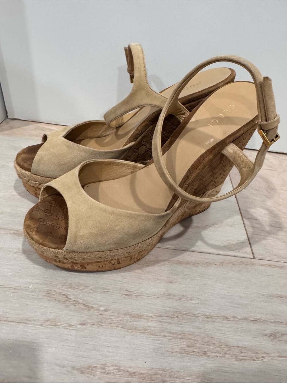 Gucci Tan Suede Wedge Sandals with Ankle Strap - Picture 3 of 10